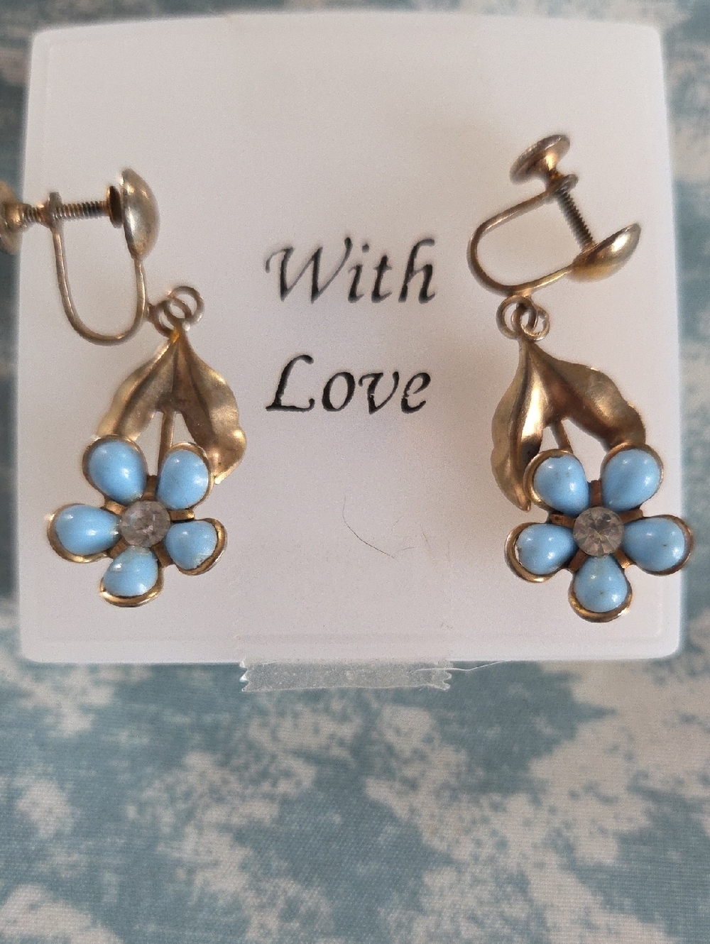 Vintage Gold Blue Flower Drop Clip-On Earrings